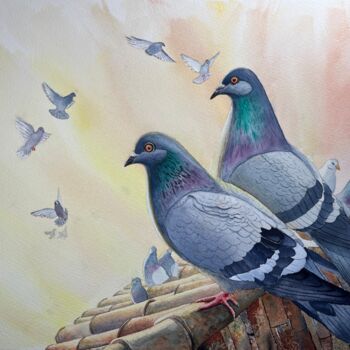 Peinture intitulée "Pigeons on the Roof." par Erkin Yılmaz, Œuvre d'art originale, Aquarelle