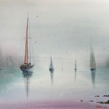 Painting titled "Mystic Harbor." by Erkin Yılmaz, Original Artwork, Watercolor