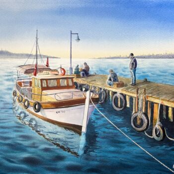 Pittura intitolato "The Boat on the Pie…" da Erkin Yılmaz, Opera d'arte originale, Acquarello