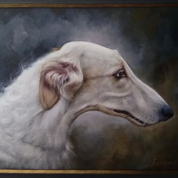 Painting titled "White borzoi dog po…" by Olesya Ermolaeva, Original Artwork, Oil