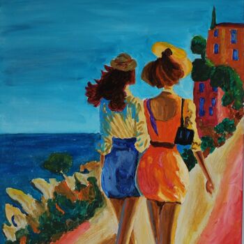 Peinture intitulée "Dos mujeres paseand…" par Ernest Carneado Ferreri, Œuvre d'art originale, Acrylique Monté sur Châssis en…