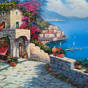 Pittura intitolato "Descent to Amalfi -…" da Ernesto De Michele, Opera d'arte originale, Olio Montato su Telaio per barella…