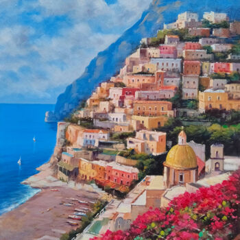 Painting titled "Positano flowery co…" by Ernesto De Michele, Original Artwork, Oil Mounted on Wood Stretcher frame