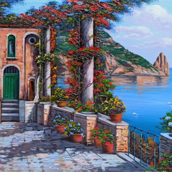 Painting titled "Flowered house on t…" by Ernesto De Michele, Original Artwork, Oil Mounted on Wood Stretcher frame