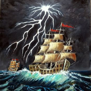 Painting titled "veleiros-e-tempesta…" by Ernesto Duarte, Original Artwork, Oil Mounted on Wood Panel