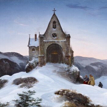 Schilderij getiteld "Chapelle sur une mo…" door Ernst Ferdinand Oehme, Origineel Kunstwerk, Olie