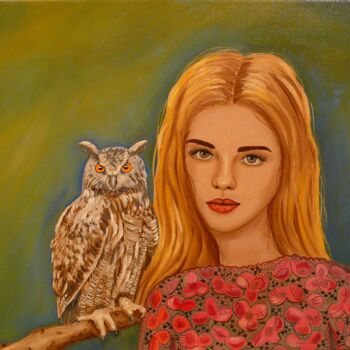 Peinture intitulée "With an owl" par Erzsebet Barna, Œuvre d'art originale, Huile Monté sur Châssis en bois