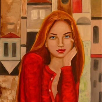Peinture intitulée "Red cardigan" par Erzsebet Barna, Œuvre d'art originale, Huile Monté sur Châssis en bois