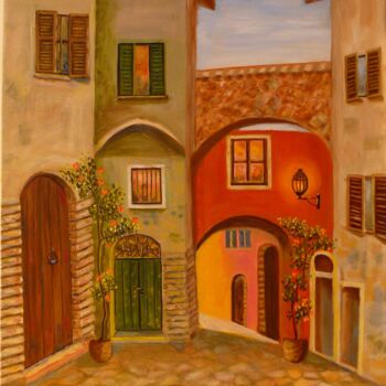 Painting titled "Italian small town" by Erzsebet Barna, Original Artwork, Oil Mounted on Wood Stretcher frame