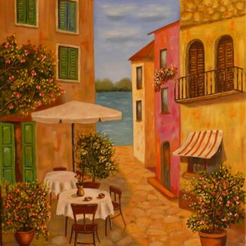 Painting titled "cafe on the beach" by Erzsebet Barna, Original Artwork, Oil Mounted on Wood Stretcher frame