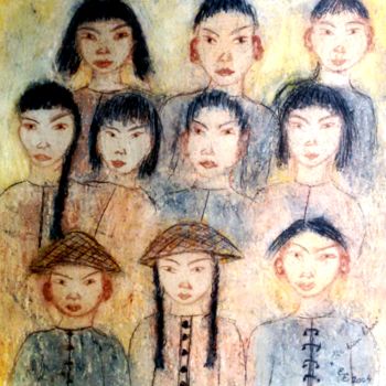 Zeichnungen mit dem Titel "Ten small chinese" von Erzsébet Engi, Original-Kunstwerk, Kreide