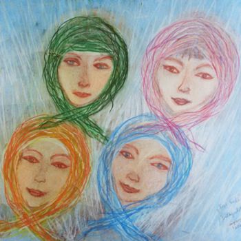 Drawing titled "Four head scarves" by Erzsébet Engi, Original Artwork, Chalk