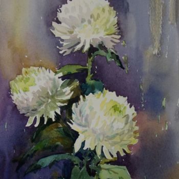 Картина под названием "Белые хризантемы" - Елена Санина, Подлинное произведение искусства, Акварель