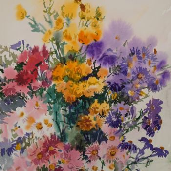 Картина под названием "Chrysanthemum bouqu…" - Елена Санина, Подлинное произведение искусства, Акварель