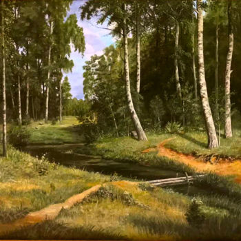 Painting titled "Ручей в березовом л…" by Evgenii Smoliakov, Original Artwork, Oil