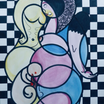 Drawing titled "Jeu de dames" by Esdez, Original Artwork, Ink