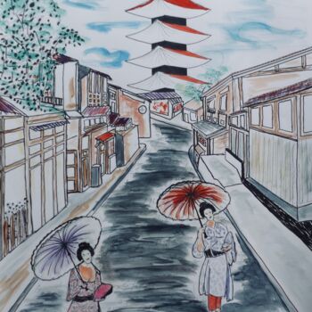 Drawing titled "Rue japonaise" by Esdez, Original Artwork, Ink