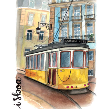 Pittura intitolato "Tramway de Lisbonne" da Céline Barbosa, Opera d'arte originale, Acquarello