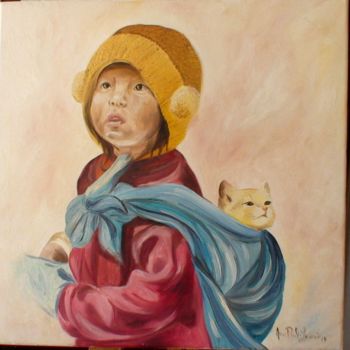 Painting titled "O menino e o Gato" by Espírito Luz, Original Artwork, Oil