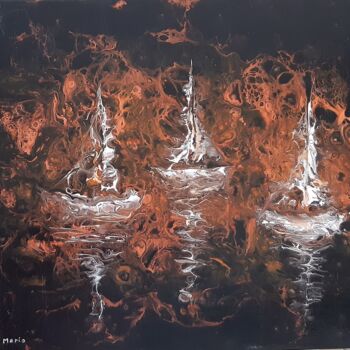 Картина под названием "3 voiliers" - Mario Esposito, Подлинное произведение искусства, Акрил Установлен на Деревянная рама д…
