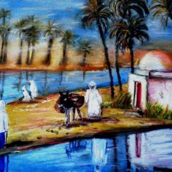 Painting titled "Oasis à l'aube" by Essia, Original Artwork, Oil