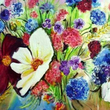 Peinture intitulée "Fleurs multicolores" par Essia, Œuvre d'art originale, Huile