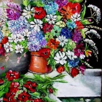Painting titled "Encore des fleurs" by Essia, Original Artwork, Oil