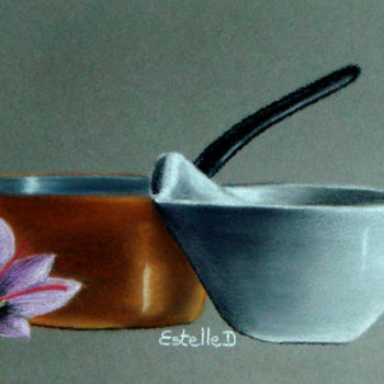 Drawing titled "Saucière et mortier" by Estelle D, Original Artwork, Pastel