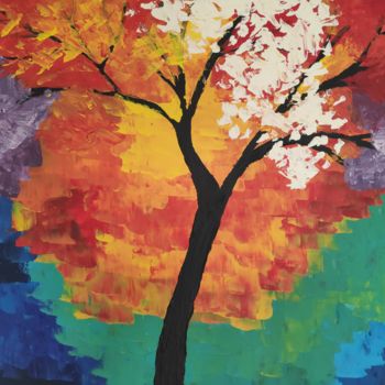Painting titled "Arbre multicolore" by Estelle Morelli, Original Artwork, Acrylic Mounted on Wood Stretcher frame