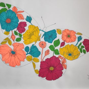Drawing titled "Papillon et fleurs" by Estelle Morelli, Original Artwork, Marker