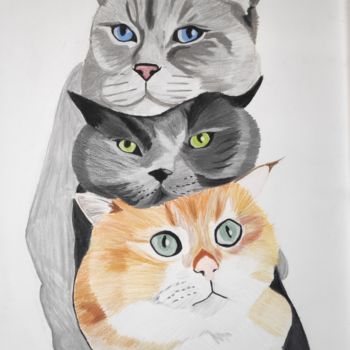 Zeichnungen mit dem Titel "Trois petits chats" von Estelle Morelli, Original-Kunstwerk, Pastell