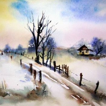 Pintura intitulada "Paysage de neige" por Estelle Royer, Obras de arte originais