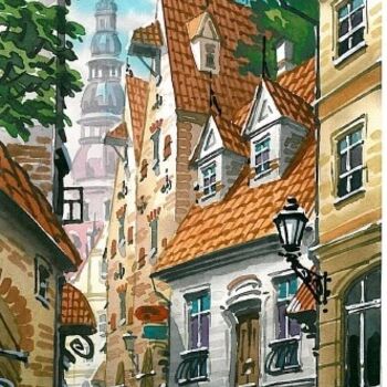 Painting titled "Old Town, watercolor" by Estilba, Original Artwork, Oil