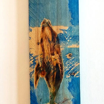 Painting titled "Whales" by Etienne Carreno, Original Artwork, Engraving Mounted on Wood Panel