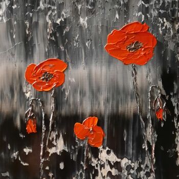 Painting titled "Coquelicots rouge" by Etienne Guérinaud, Original Artwork, Oil Mounted on Other rigid panel