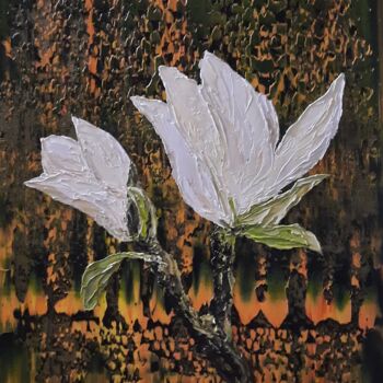 Ζωγραφική με τίτλο "Fleur de magnolia" από Etienne Guérinaud, Αυθεντικά έργα τέχνης, Λάδι Τοποθετήθηκε στο Ξύλινο φορείο σκε…