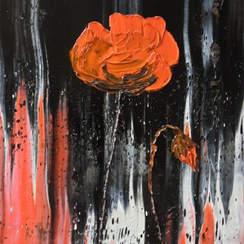 Painting titled "Coquelicot en flame" by Etienne Guérinaud, Original Artwork, Oil Mounted on Other rigid panel