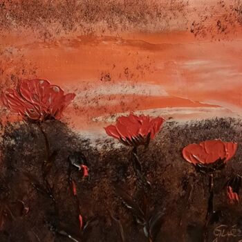 Painting titled "Coquelicots au sole…" by Etienne Guérinaud, Original Artwork, Oil Mounted on Other rigid panel