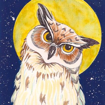 Painting titled "owl" by Ellen Hendrikx, Original Artwork, Watercolor