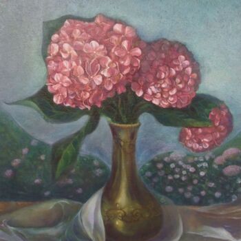 Painting titled "Hortensia à l'aube" by Etsuko Migii, Original Artwork, Oil Mounted on Wood Stretcher frame