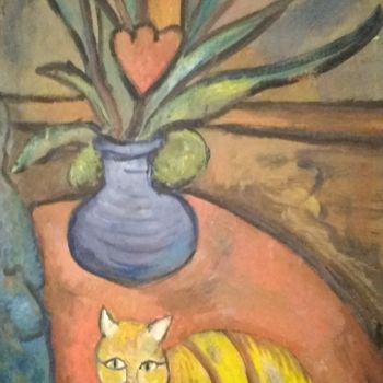 Painting titled "Il gatto sul tavolo…" by Ettore Andonaia, Original Artwork, Oil