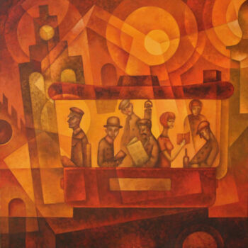 Pittura intitolato "Red Tram" da Eugene Ivanov, Opera d'arte originale, Olio