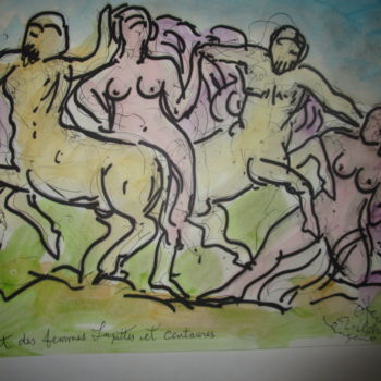 Painting titled "Combat des femmes l…" by Eugenio Otero Vilchez, Original Artwork, Ink