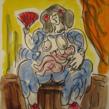 Painting titled "Mère et enfant" by Eugenio Otero Vilchez, Original Artwork, Oil
