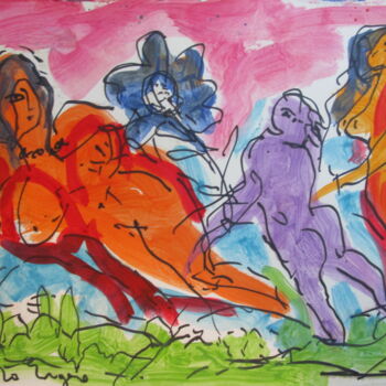 Peinture intitulée "trois femmes et fle…" par Eugenio Otero Vilchez, Œuvre d'art originale, Huile