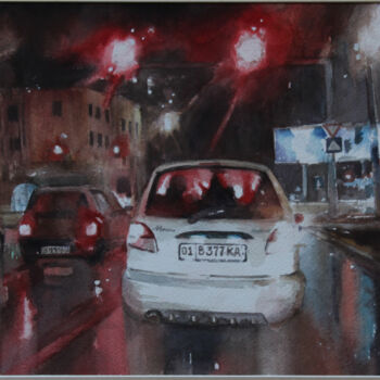 Malarstwo zatytułowany „Car in the rain” autorstwa Eugene Panov, Oryginalna praca, Akwarela