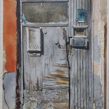Painting titled "Gray old door" by Eugene Panov, Original Artwork, Watercolor