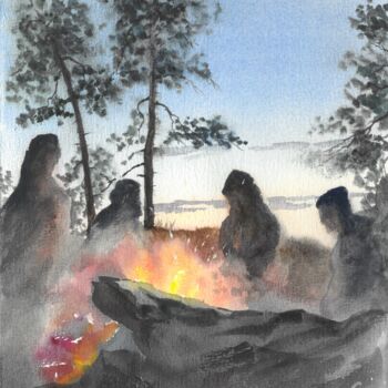 Peinture intitulée "Mysterious campfire…" par Eugene Popov, Œuvre d'art originale, Aquarelle