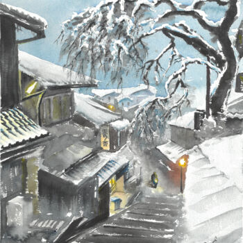 Картина под названием "A snow covered Japa…" - Eugene Popov, Подлинное произведение искусства, Акварель