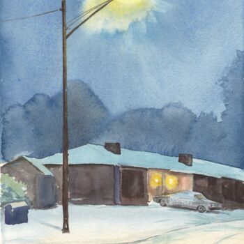 Peinture intitulée "Snowy night and str…" par Eugene Popov, Œuvre d'art originale, Aquarelle